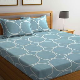 Home Sizzler Blue & White Geometric Cotton 210 TC King Bedsheet With 2 Pillow Covers-image-83