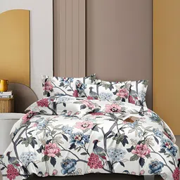 DECOREZA White & Pink Floral Printed 300 TC King Fitted Bedsheet with 2 Pillow Covers-8