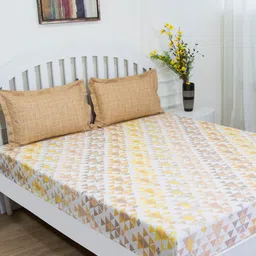 GM Beige & Yellow Geometric 144 TC Cotton 1 Super Queen Bedsheet with 2 Pillow Covers-image-76