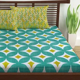 Divine Casa Teal & White Geometric 144 TC Queen Bedsheet with 2 Pillow Covers-image-40