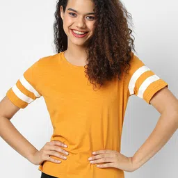 Campus Sutra Mustard Yellow Solid Pure Cotton Regular Top-image-2