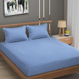 UrbanArts Turquoise Blue Striped 200 TC King Bedsheet with 2 Pillow Covers-image-8