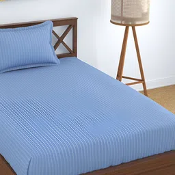UrbanArts Turquoise Blue Striped 200 TC Single Bedsheet with 1 Pillow Cover-image-13