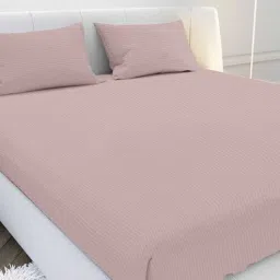 mayfair homes london Pink Solid 210 TC Cotton Fitted Bedsheet with 2 Pillow Covers Satin Stripe 2024 Collection-picture-6