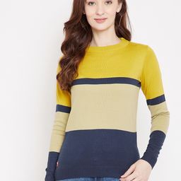 JUMP USA Women Mustard Yellow & Navy-Blue Colourblocked Acrylic Pullover Sweater-image-6