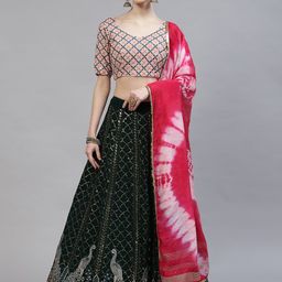 SHUBHKALA Green & Pink Embroidered Semi-Stitched Lehenga & Blouse With Dupatta-19