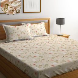 SOKNACK Pink & Green Floral 300 TC King Bedsheet with 2 Pillow Covers-image-16