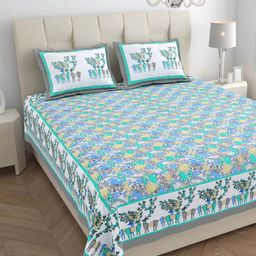 JAIPUR FABRIC Green & White Floral King Bedsheet with 2 Pillow Covers-image-54