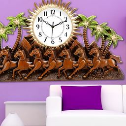 Attractionz Beige Round Shaped Sun & Horses Textured Contemporary Analogue Wall Clock-image-74