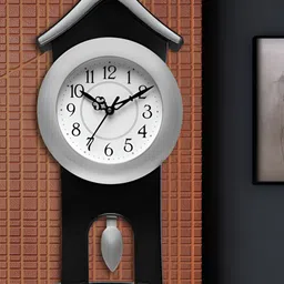 Attractionz Silver-Toned & Black Round Pendulum Analogue Wall Clock-27