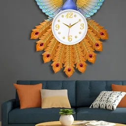 Attractionz Yellow & Blue Round Shaped Peacock Textured Contemporary Analogue Wall Clock-picture-11