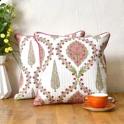 Clasiko White & Green 2 Pieces Floral Cotton Square Cushion Covers-29