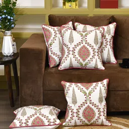 Clasiko White & Pink 5 Pieces Floral Cotton Square Cushion Covers-42