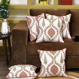 Clasiko White & Pink 5 Pcs Floral Square Cushion Covers-picture-12