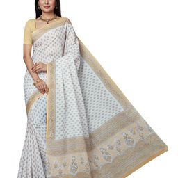 SHANVIKA White & Yellow Ethnic Motifs Pure Cotton  Block Print Saree-picture-24