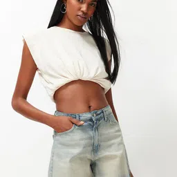 Trendyol Women Mid-Rise Washed Denim Shorts-picture-42