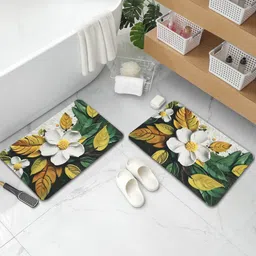 Aura 2-Pcs Yellow 7 White Floral Printed Water Absorbent Bath Rugs-16