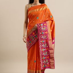 MIMOSA Orange & Pink Art Silk Embroidered Kanjeevaram Saree-image-53