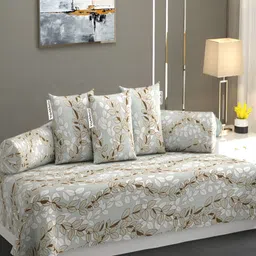 YaAkholic Set Of 6 Grey & Brown Floral Printed210TCDiwanSet-56