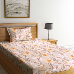 KLOTTHE Beige & White Floral 210 TC Single Bedsheet with 1 Pillow Covers-image-33