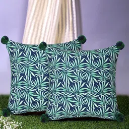 Mezposh Set of 2 Green & Blue Floral Square Cushion Covers with Pom Pom Details-5