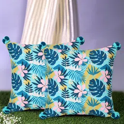 Mezposh Pack Of 2 Turquoise Blue Floral Printed Square Cushion Cover-14