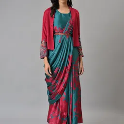 WISHFUL Green & Red Floral Satin Ethnic Maxi Dress-image-20