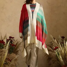 KHALEEJ Women Striped Longline Poncho Jacket-21