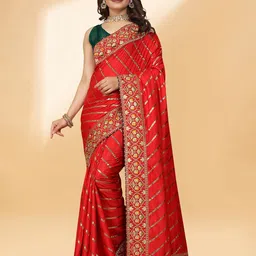 DRIZOMIZ Striped Embroidered Silk Cotton Leheriya Saree-picture-18