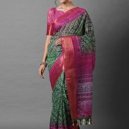 Mitera Green & Pink Bandhani Zari Linen Blend Bandhani Saree-image-67