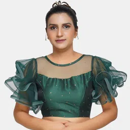 Trendzmy Teal Green Embroidered Readymade Saree Blouse-picture-4
