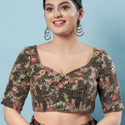 SALWAR STUDIO Zari Embroidered Sweetheart Neck Sequined Tie Up Silk Saree Blouse-picture-5