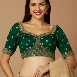 SALWAR STUDIO Embroidered Zari Sweetheart Neck Silk Saree Blouse-picture-36