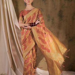 Sangria Ethnic Motif Zari Woven Striped Banarasi Saree With Blouse-image-60