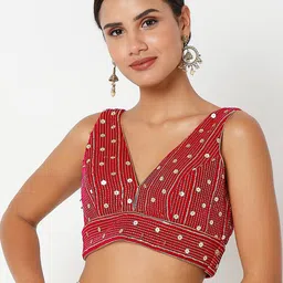 SALWAR STUDIO Women Pink Embellished Velvet Saree Blouse-image-15