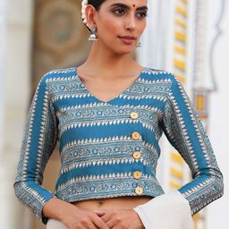 Triyah Women Blue Printed Angrakha Saree Blouse-image-16