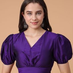 Frolic Rolic Purple Silk Blend V-Neck Puff Sleeves Blouse-image-24