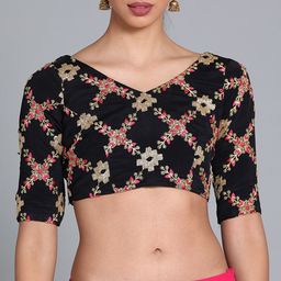 Ethnovog Women Black Embroidered Saree Blouse-image-27