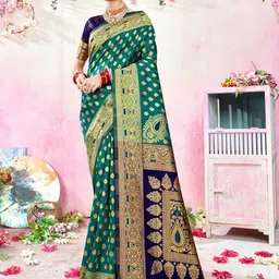 Anouk Green & Navy Blue Woven Design Zari Kanjeevaram Saree-39