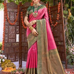Anouk Pink & Green Ethnic Motifs Woven Design Zari Art Silk Kanjeevaram Saree-26