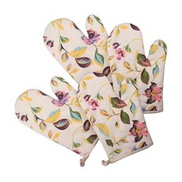 Kuber Industries Cream & Green 4 Pieces Leaf Printed Cotton Oven Gloves-44