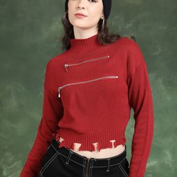Tokyo Talkies Red High Neck Acrylic Crop Pullover-image-51
