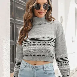 StyleCast Argyle Printed Turtle Neck Crop Pullover-picture-2