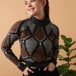 STREET 9 Geometric Printed Turtle Neck Crop Acrylic Pullover Sweater-picture-16