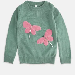 Pantaloons Junior Girls Green & Pink Embroidered Cotton Pullover-image-63