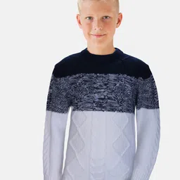 Gini and Jony Boys White & Blue Cable Knit Colourblocked Pullover-image-15
