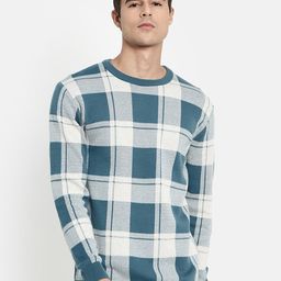METTLE Men Blue & White Checked Knitted Cotton Pullover-picture-10