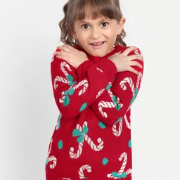 YK Girls Red & White Christmas Candy Printed Pullover-image-16