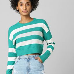 ONLY Women Green & White Striped Crop Pullover-image-62