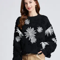 JC Collection Women Black & White Floral Longline Pullover with Applique Detail-picture-50